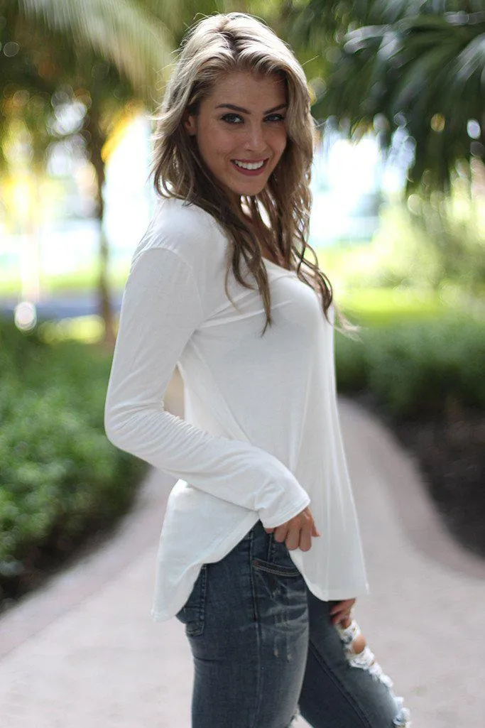 White V-Neck Top With Long Sleeves