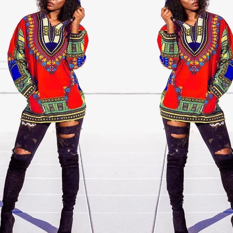 Women Dashiki Hoodie Top Pullover