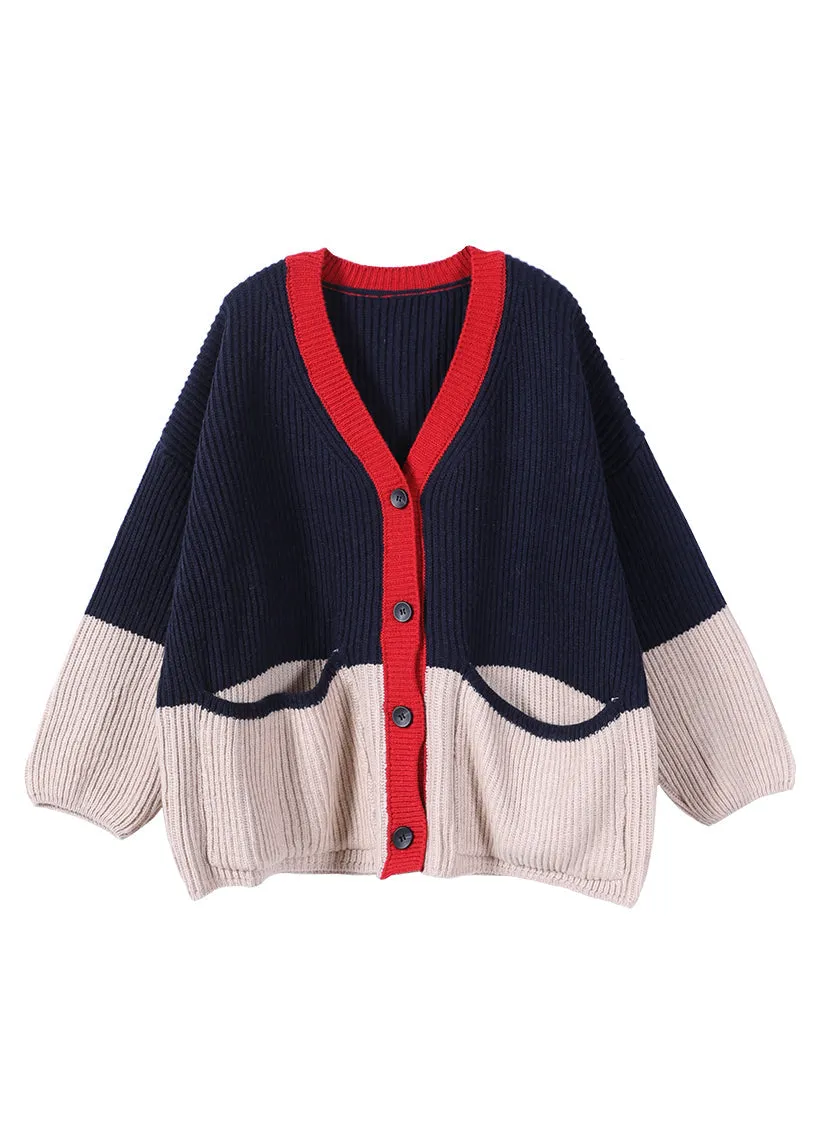 Women Navy V Neck Patchwork Button Thick Knit Sweaters Coats Fall