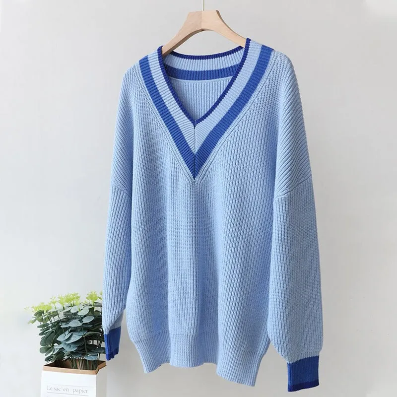 Women's Knitted Striped Pattern V-Neck Oversized Sweaters