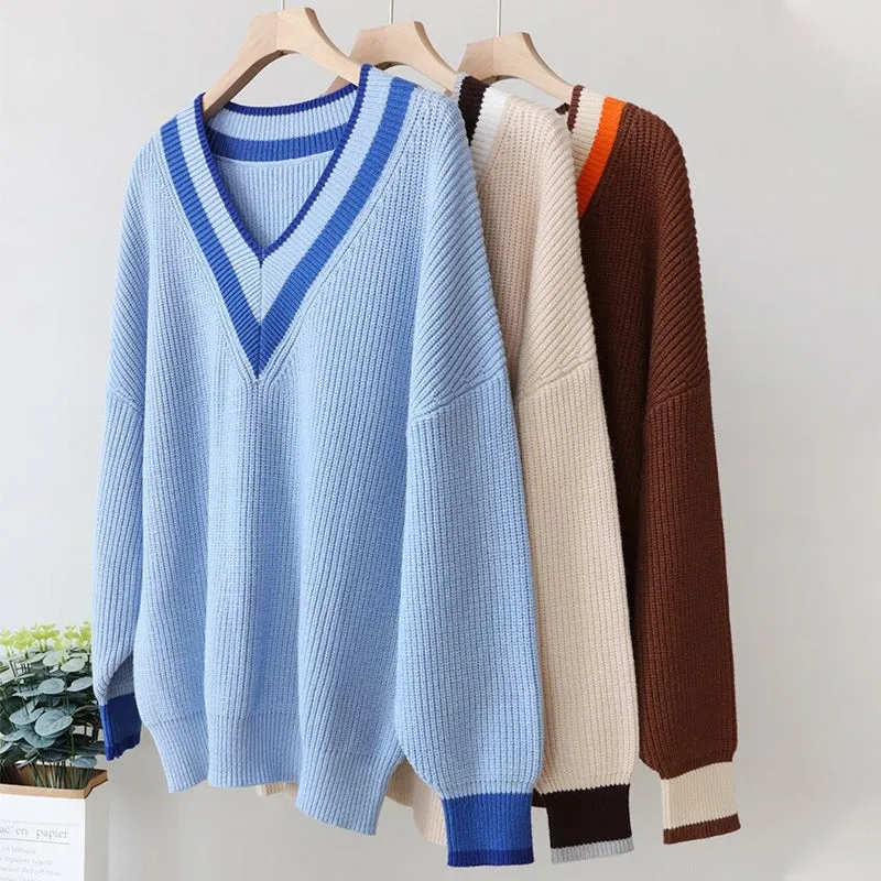 Women's Knitted Striped Pattern V-Neck Oversized Sweaters