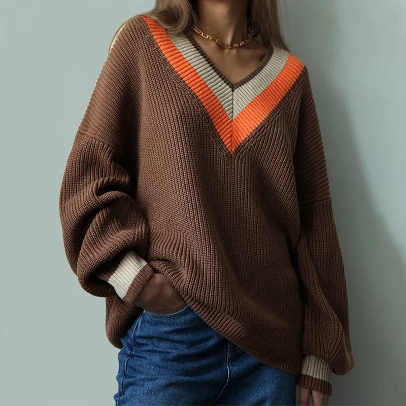 Women's Knitted Striped Pattern V-Neck Oversized Sweaters